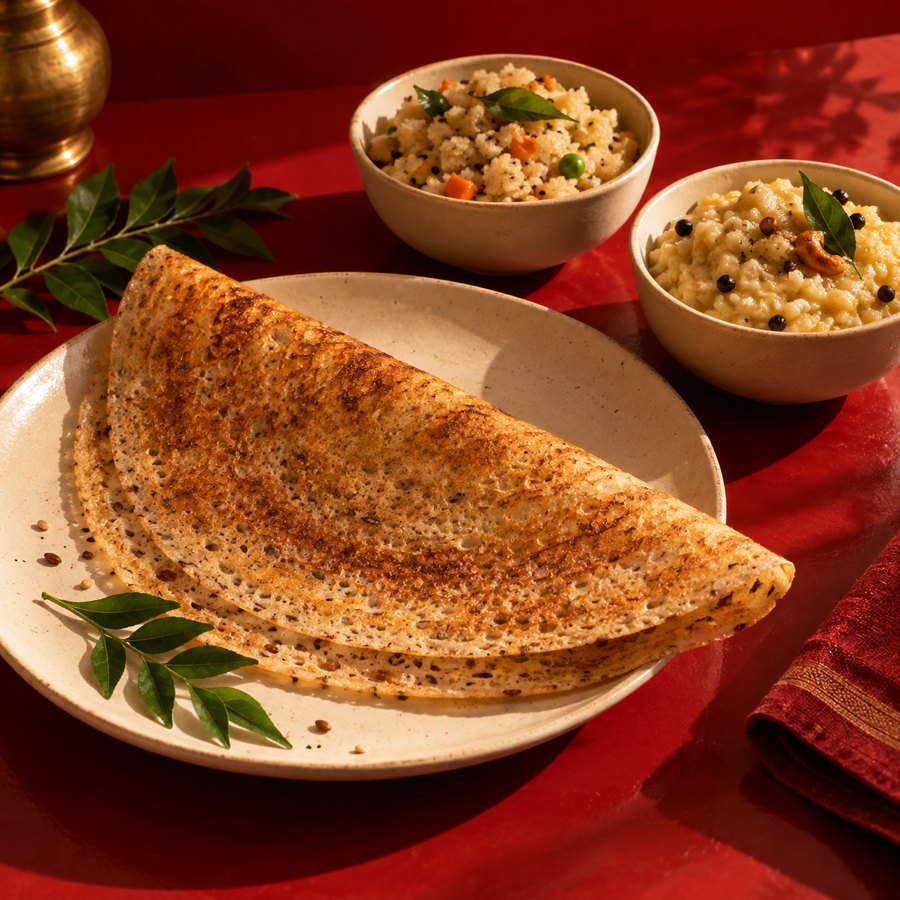 Multigrain dosa, upma and pongali served in cream ceramics